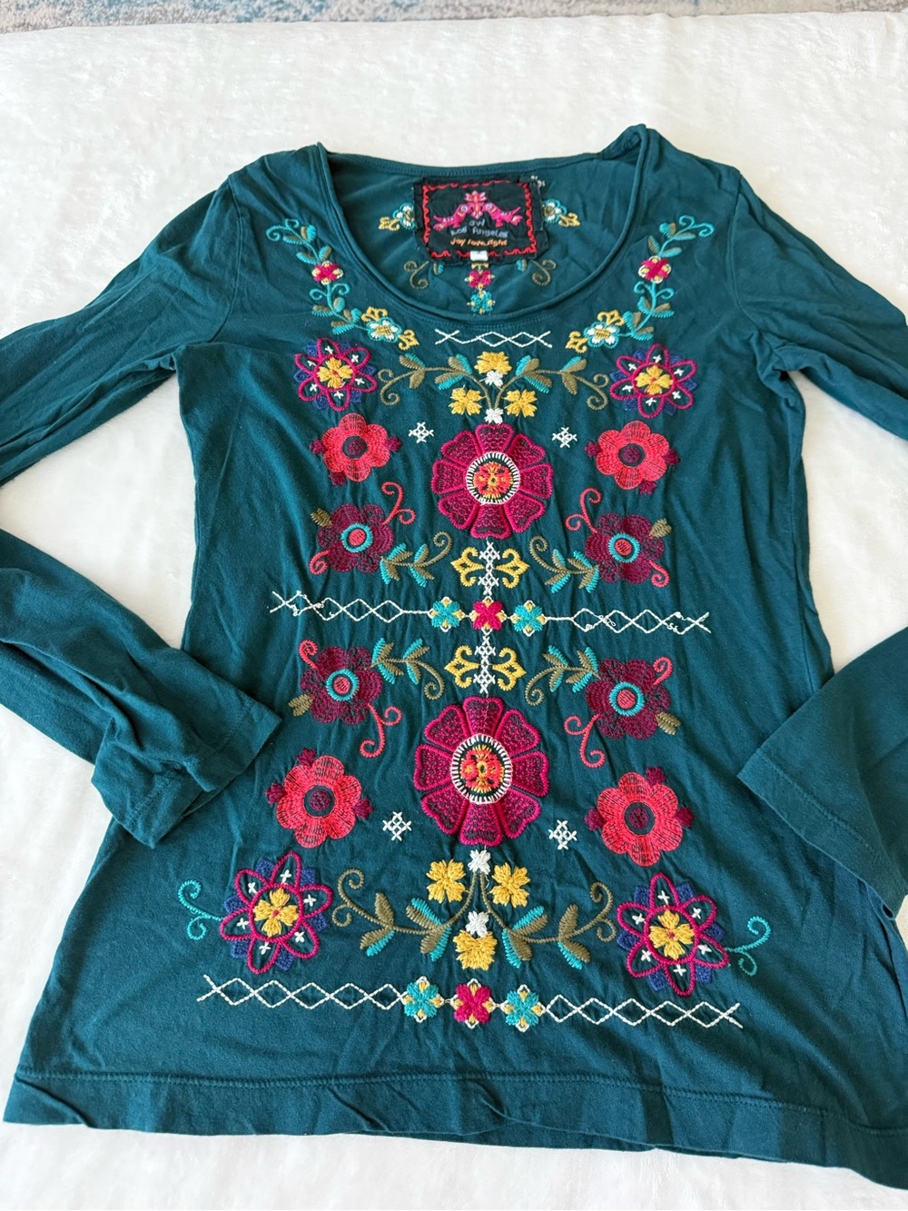 Johnny Was Teal Long Sleeve Embroidered Top Size Small D87